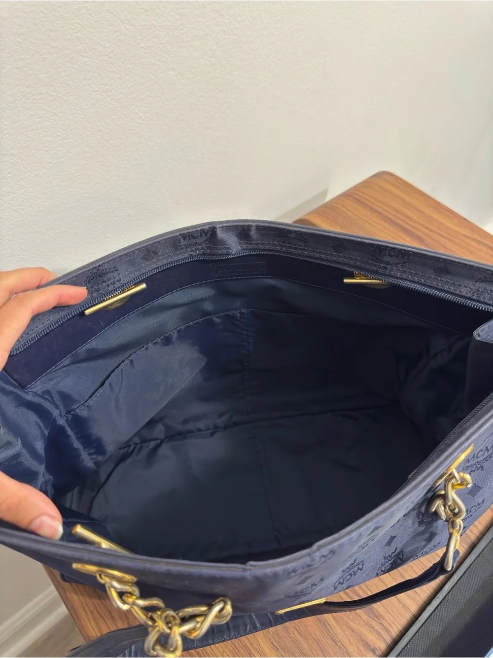 Authentic Vintage MCM Navy Blue Nylon Visetos Chain Tote Bag Description: